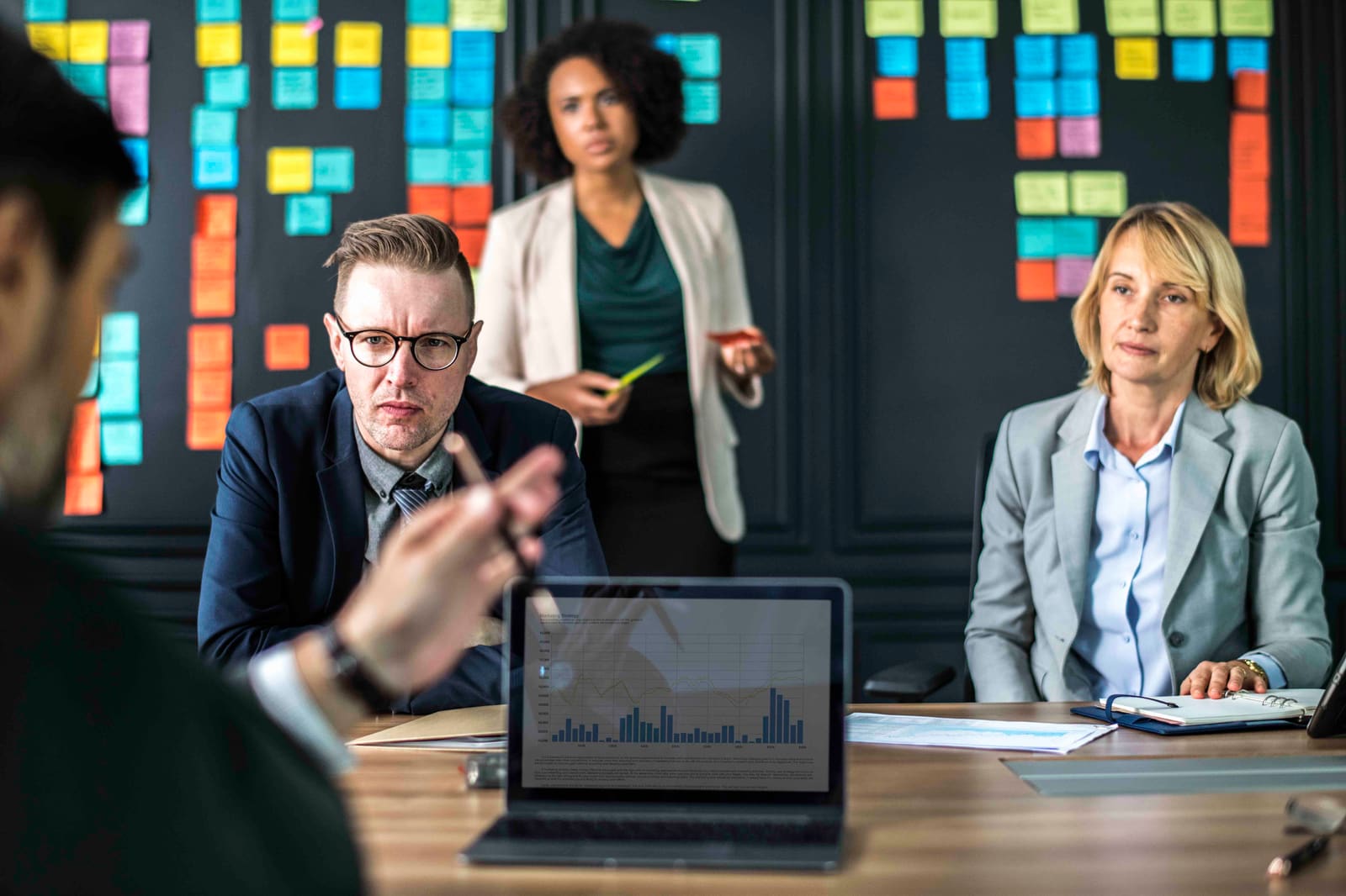 Team meeting in front of a sticky-note planning wall