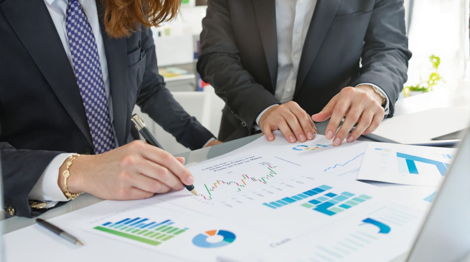 Investors reviewing growth strategy documents