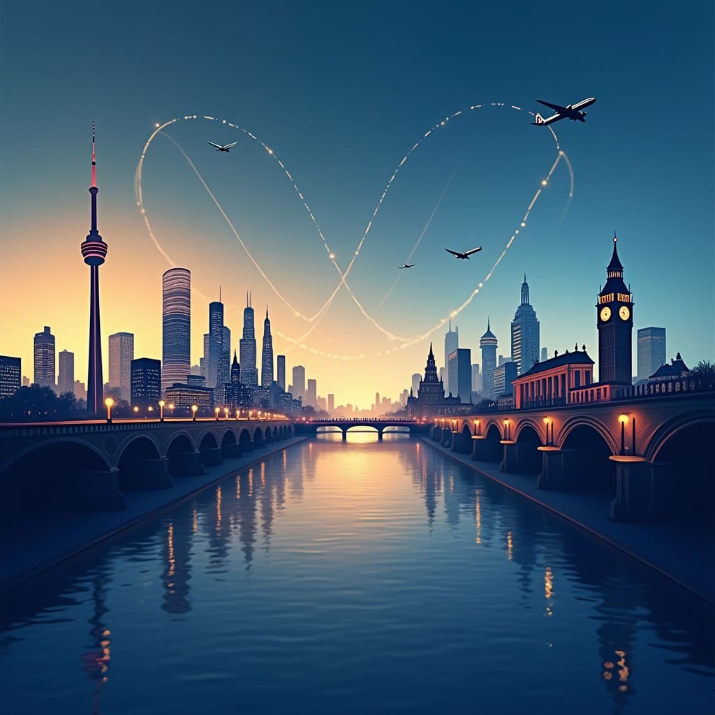 Illustrated skyline bridging North America and Europe
