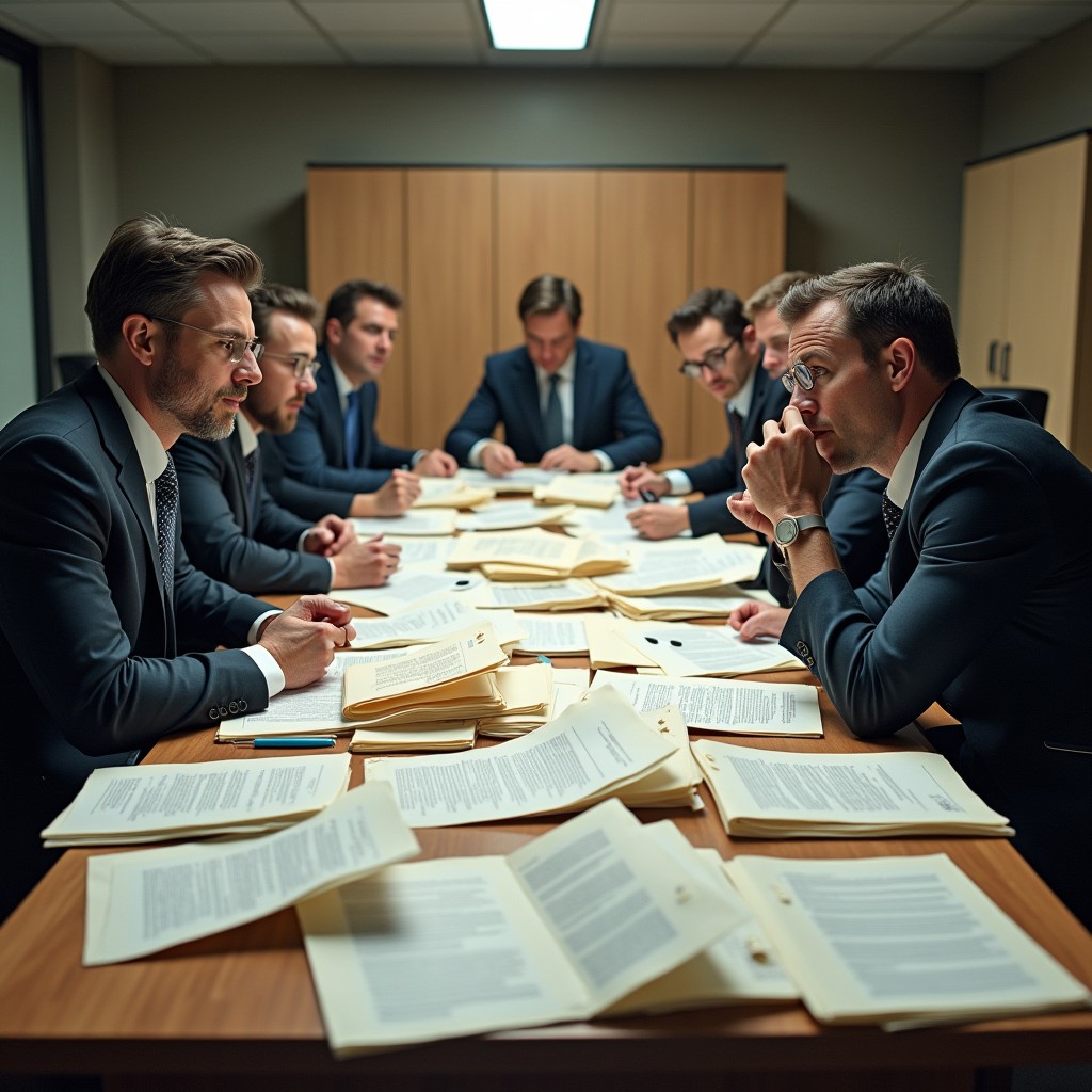 Business professionals overwhelmed by paperwork, multiple people at conference table covered with stacks of printed documents, pitch decks scattered across table.